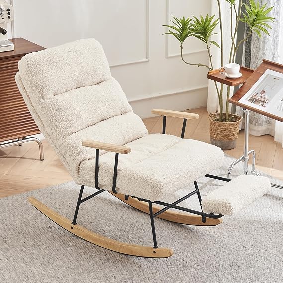 Modern Teddy Fabric Rocking Chair Nursery,Glider Rocker with Retractable Footrest,Convertible Sleeper Recliner Chair for Living Room Bedroom (Beige)