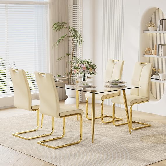 51" Modern 5-Piece Dining Table Set for 4 Rectangular Glass Table with 4 Upholstered Leather Chairs, Seats 4 Ideal for Kitchen Dining Room(Beige&Gold)