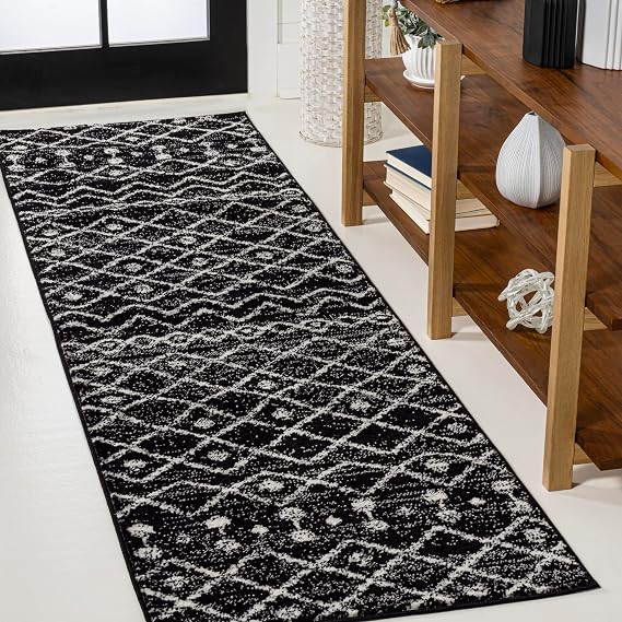 JONATHAN Y Aksil Moroccan Beni Souk Black/Cream Runner Rug, 2x8, Bohemian, Scandinavian, Easy-Cleaning for Living Room, Bedroom, Kitchen, Pet Friendly, Non-Shedding (MOH208E-28)