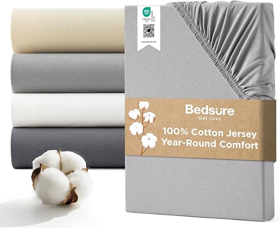 Bedsure King Size Fitted Sheet - 100% Cotton Jersey, 40cm Deep, Grey
