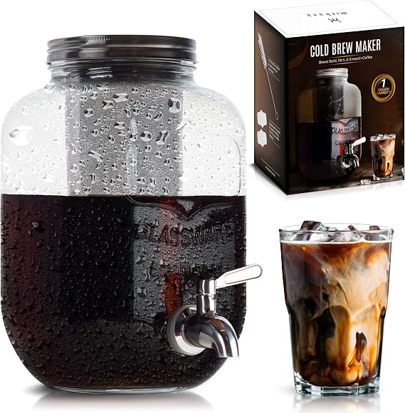 Cold Brew Coffee Maker, 1 Gallon Iced Coffee Maker, Cold Brew Mason Jar with Stainless Steel Filter, Large Iced Tea Maker With Thick Shatter Resistant Glass, Your Own Cold Brew Kit