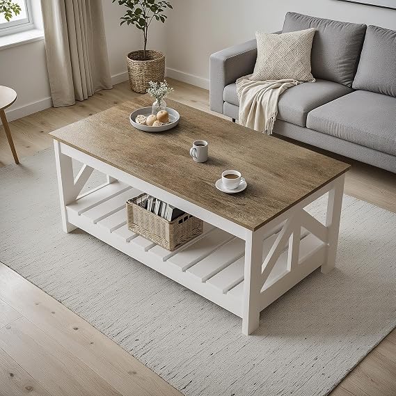 YESHOMY Farmhouse Coffee Table with Storage, Gray & White