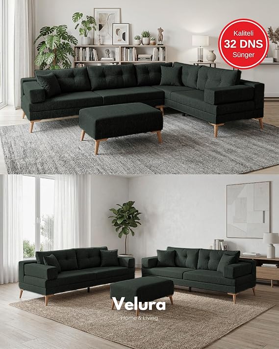 Zeri Modüler Yataklı Koltuk Takımı & 2 Adet Üçlü Kanepe & Köşe Takımı (3+3) - Koyu Yeşil - 125