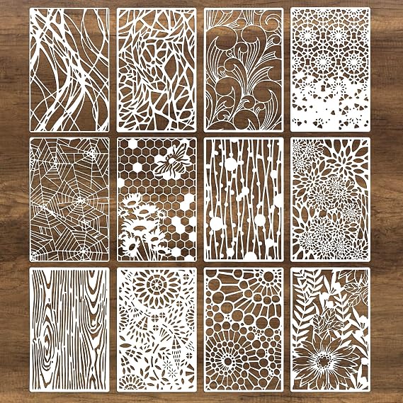 12Pcs Mixed Stencils for Painting, Art Stencils for Crafts Reusable, Wood Grains Flower Texture Templates Spider Web Layering Spray Paint Stencils Kit on Wall Canvas Cake Card DIY (117'')