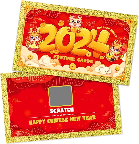 Extenuating Threads 48PCS 2024 Chinese New Year Scratch Off Fortune Cards, 2024 Year of The Dragon Party Fortune Games, Favors for Lunar Dragon New Year's Celebration Office Party Supplies