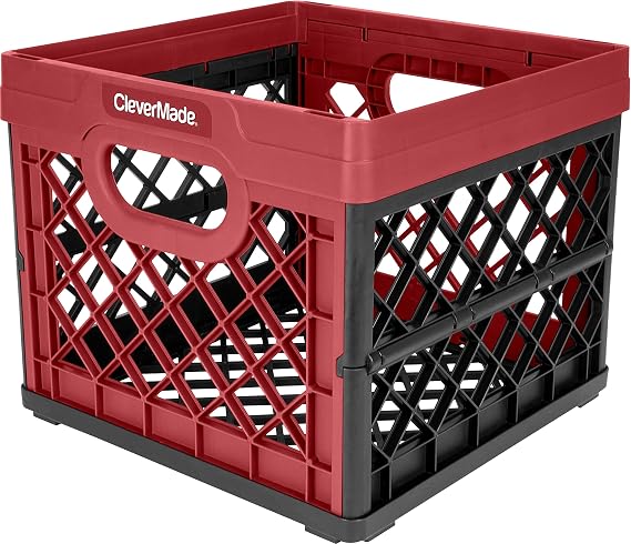 CleverMade Collapsible Milk Crate - Stackable Collapsible Storage Bin/Container/Utility Tote, 25 Liters, Red