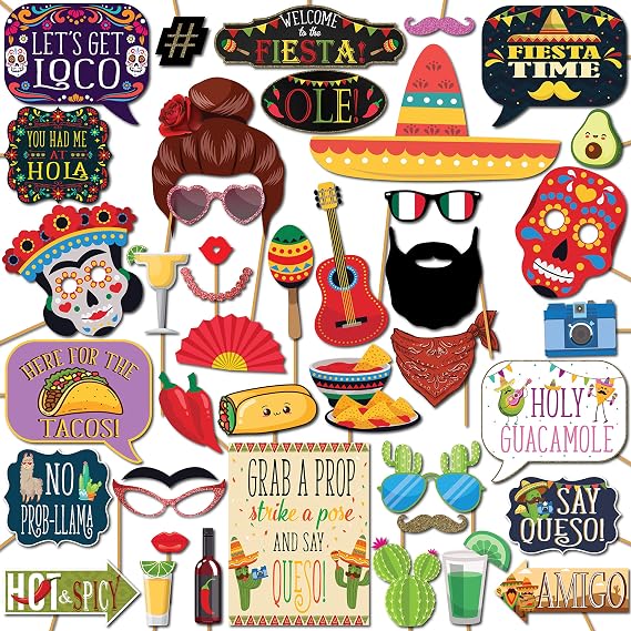 Fiesta Photo Booth Props - 41-pc Photobooth Kit with 8 x 10-Inch Sign, 60 Adhesive Pads, 45 Sticks - Mexican Photo Prop - Fiesta Props - Photo Booth Props Cinco de Mayo