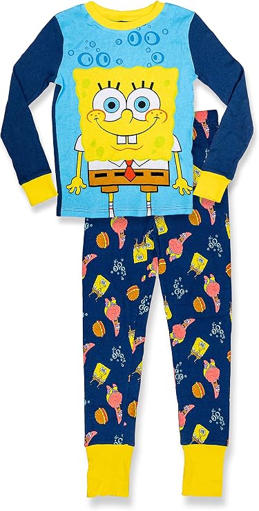 SpongeBob SquarePants Boy's Long Sleeve 2 Piece PJ Set, 100% Cotton, Navy, Size 3T to Little Kids 8