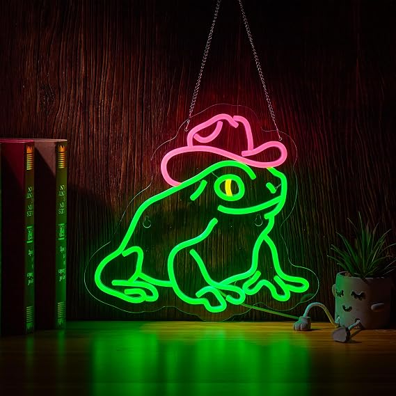 Cowboy Hat Neon Sign Frog LED Light Wall Decor Dimmable USB Powered Cowboy Neon Signs(Green+Pink)