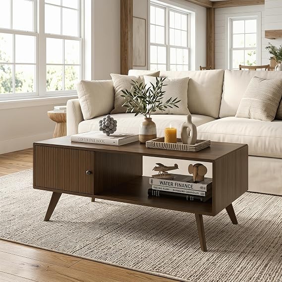 Manora Mid Century Modern Coffee Table with Storage Cabinet and Open Shelf, Wooden Living Room Table with Fluted Drawer and Solid Wood Legs, Walnut Finish Center Table for Small Spaces