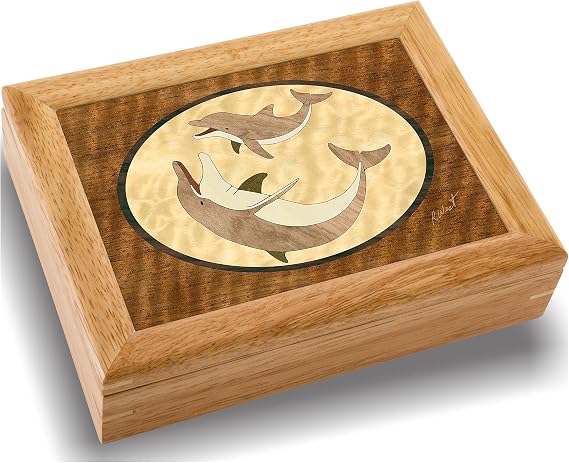 Wood Art Dolphin Box - Handmade USA - Unmatched Quality - Unique, No Two are the Same - Original Work of Wood Art. A Dolphins Gift, Ring, Trinket or Wood-Jewelry Box (#2115 Dolphin's Play 6x8x2)