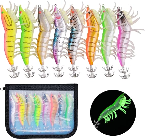 Glow Squid Jig Saltwater Squid Lures, 8pcs Luminous Shrimp Prawn Lures Fluorescent Cuttlefish Sleeve Octopus Jigs Artificial Baits for Octopus, Cuttlefish, Shrimp