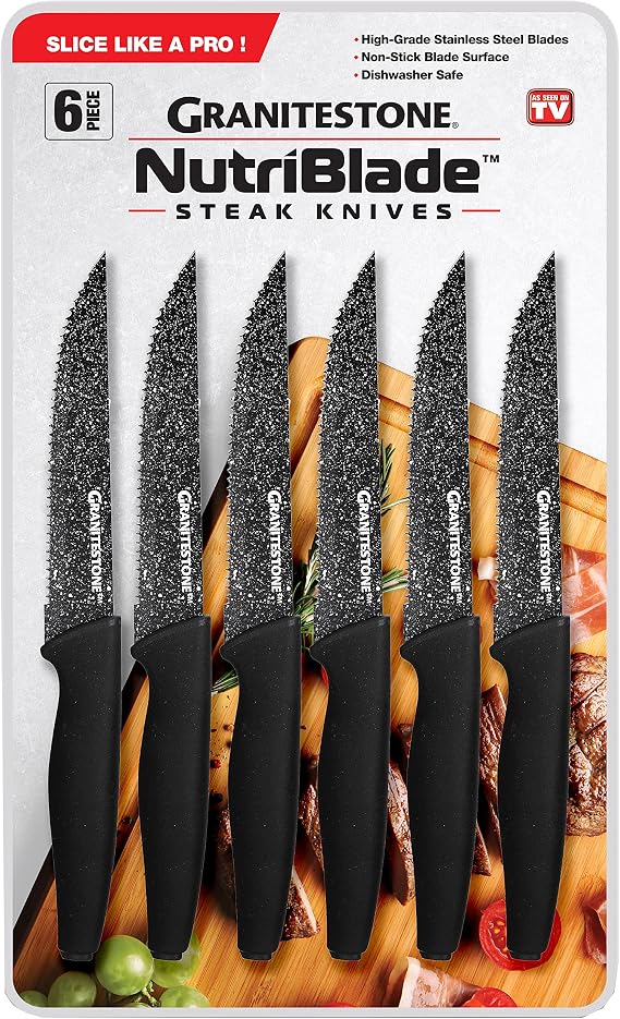 Granitestone Nutriblade 6-Piece Steak Knives with Comfortable Handles, Stainless Steel Serrated Blades Dishwasher-safe and Rust-proof Steak Knife For Home and Restaurant Use As Seen On TV
