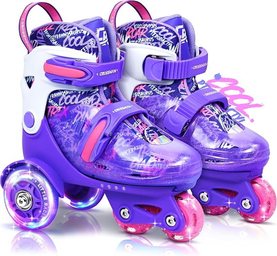 Toddler Roller Skates with Cool Dino Script Design, Kids Training Skating Shoes with Triple Safety Protection, 4 Adjustable Sizes, Light-Up Wheels