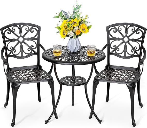 NUU GARDEN 3 Piece Outdoor Bistro Set Cast Aluminum Patio Set Bistro Table Set Rustproof Patio Table and Chairs with Umbrella Hole for Backyard, Balcony, Front Porch, Black