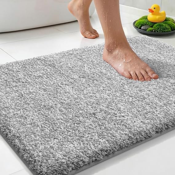 Yimobra Cushioned Anti-Fatigue Bathroom Rug, Bath Mat Non Slip Washable, Dense Soft Microfiber for Bathroom Sink, Shower, Tired Feet Comfort, Absorbent, 24" X 17", Grey and White
