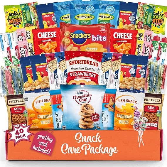 Snack Box Variety Pack 40 Count - Chips Cookies Bars Care Package Gift | Snacks Variety Pack for Adults Kids & Teens, Snack Box Care Package for College, Office, Movie Night & Birthdays