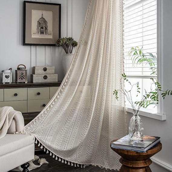 USTIDE Rustic 1Panel Vintage Beige Crochet Curtain for Living Room Semi Sheer Rod Pocket Hollow-Out Drapes with Tassels, 59" W×63" L