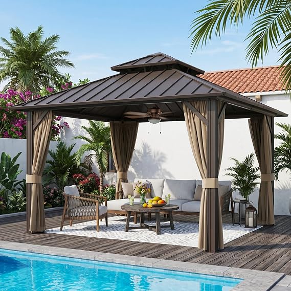 10' X 10' Hardtop Gazebo, Galvanized Steel Roof Outdoor Pavilion, Brown