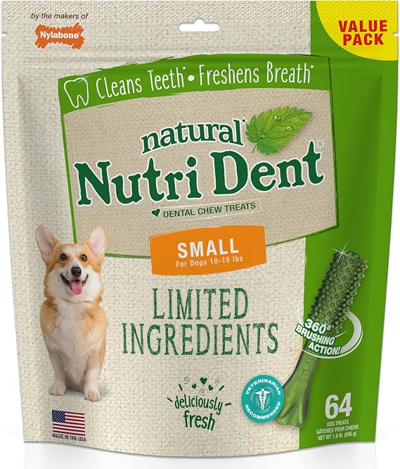 Nylabone Nutri Dent Dog Dental Chews - Natural Dog Teeth Cleaning & Breath Freshener - Dental Treats for Dogs - Fresh Breath Flavor, Small (64 Count)