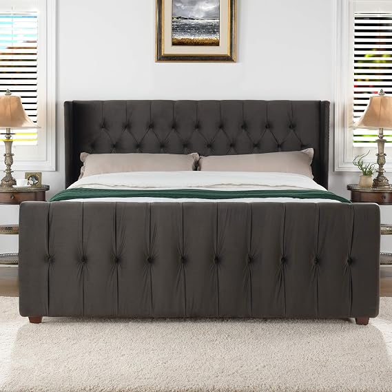 GOWE David Tufted Wingback King Bed, Dark Charcoal Grey Velvet