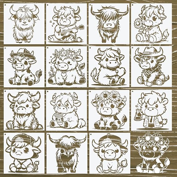 Keluna Highland Cow Stencils for Painting - 15 Pcs Animal Wood Burning Stencils, Farmhouse Cow Print Stencils for Crafts Reusable, Template for Painting on Canvas Wall Furniture Craft