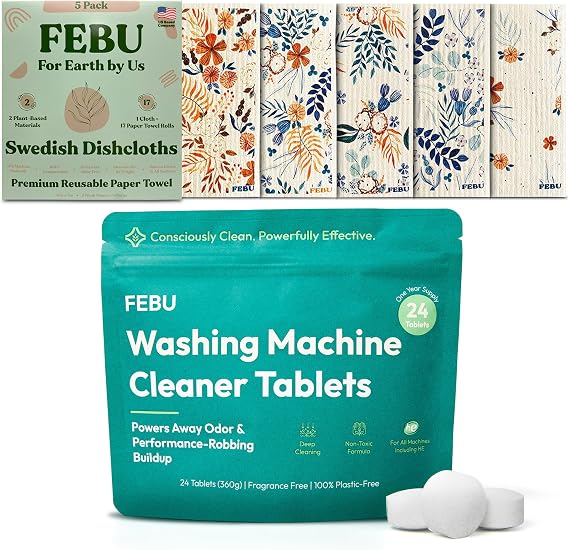 FEBU Save 15% on Swedish Dishcloth + Washing Machine Cleaner Tablets | 5 Pack Fresh Flowers Reusable Paper Towels + 24ct Washer Cleaner Tablets