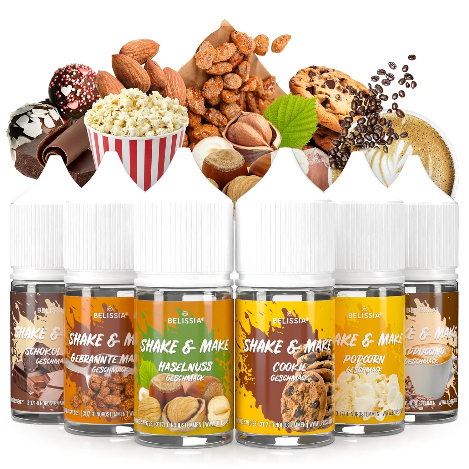 Belissia Shake and Make Coffee Break - 6 x 30 ml High Dose Food Flavour - for Refilling for Baking Food Drinks Shakes DIY & Room Fragrance - Vegan & No Additives