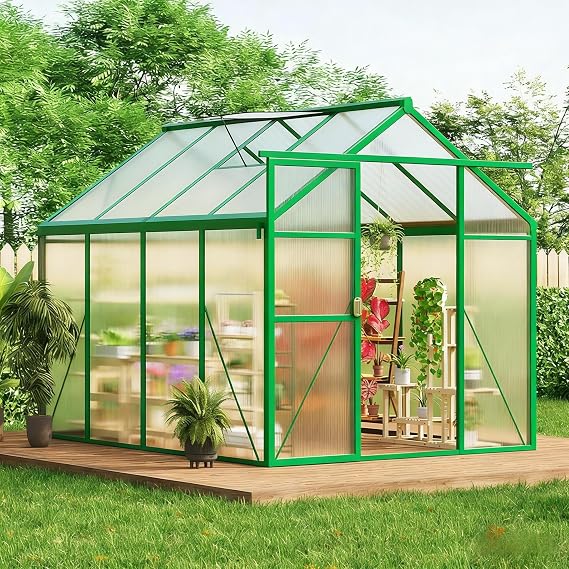 6x8 FT Greenhouse, Easy Assembly Aluminum Polycarbonate Greenhouses for Outdoors with Roof Vent, Large Aluminum Walk-in Greenhouse for Sunroom Patio, Backyard, Garden, Sliding Lockable Door, Green