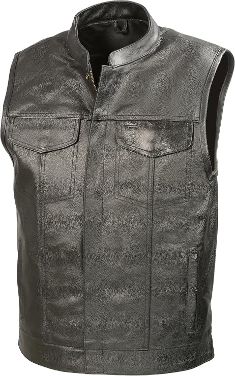 SOA Mens Black Premium Leather Club Style Motorcycle Riding Vest BZ6210