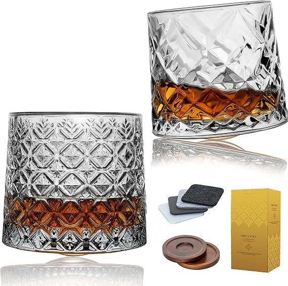 Spinning Whiskey Glasses Set of 2 with coasters, 10.8 oz Bourbon Glasses, Rotatable whiskey glass, Wobbling stress anxiety relief Tumbler For Scotch, Cocktails, Thanksgiving Christmas Gift For Men Dad
