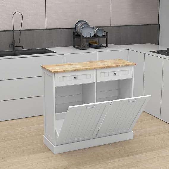 Double Tilt Out Trash Cabinet, Two Drawers and Two-Compartment Tilt-Out Kitchen Trash Cabinet, Recycling Cabinet with Hideaway Drawer, Wooden Free Standing Laundry Sorter Cabinet