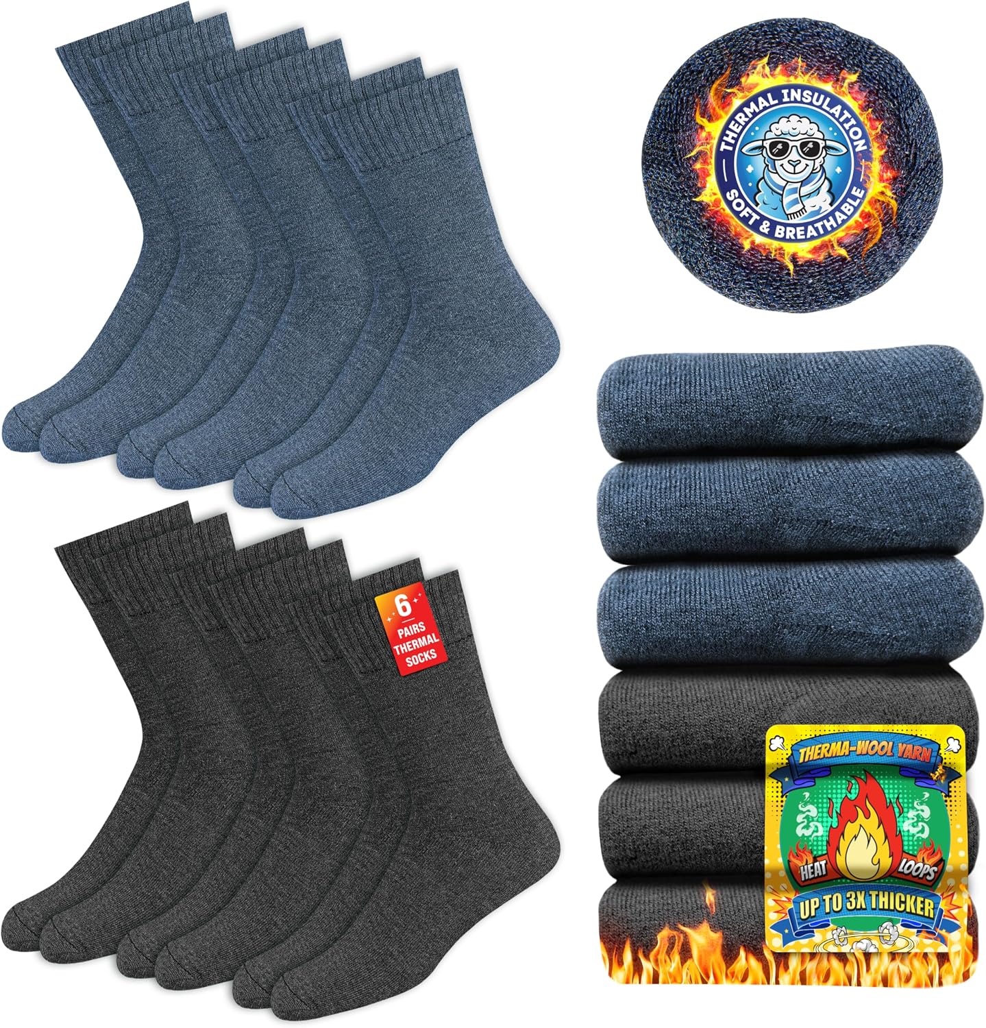 SOXCO Thermosocken für Herren und Damen - Warme Wintersocken 6er Pack