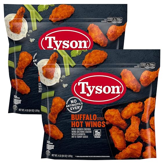 Tyson Fully Cooked Buffalo Style Bone-In Chicken Wings, with Flavorful Hot and Tangy Sauce - 15g Protein Per Serving - 2 Pack (64 oz Each) - Ready Set Gourmet Donate a Meal Program