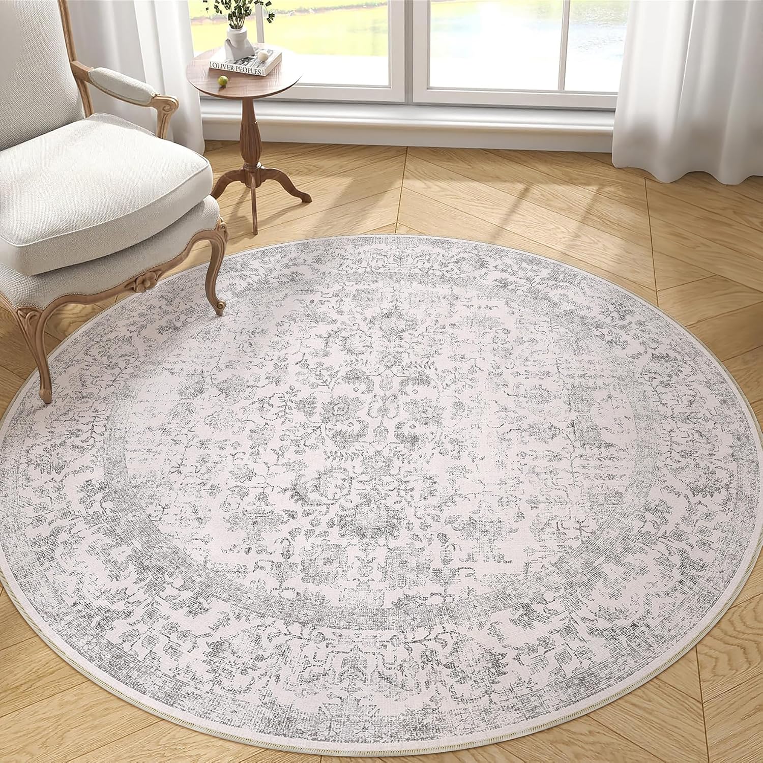 HUGEAR Vintage Grey Round Rug 180cm Washable Non Slip Circle Area Rugs Living Room Bedroom Kitchen Hall Lounge Bedside Office Dining Room Indoor Carpet Low Pile Circular Carpets