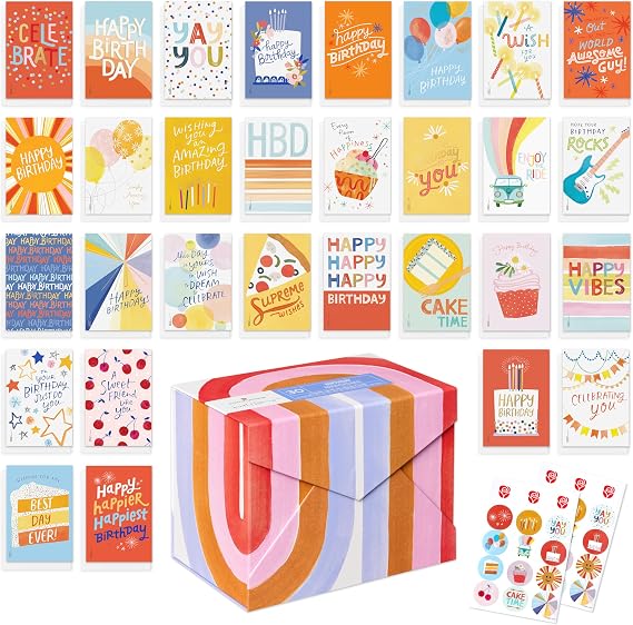 American Greetings 33-Count Birthday Card Pack designed by Kathy Davis Studios, Colorful Hand-Illustrated Assortment