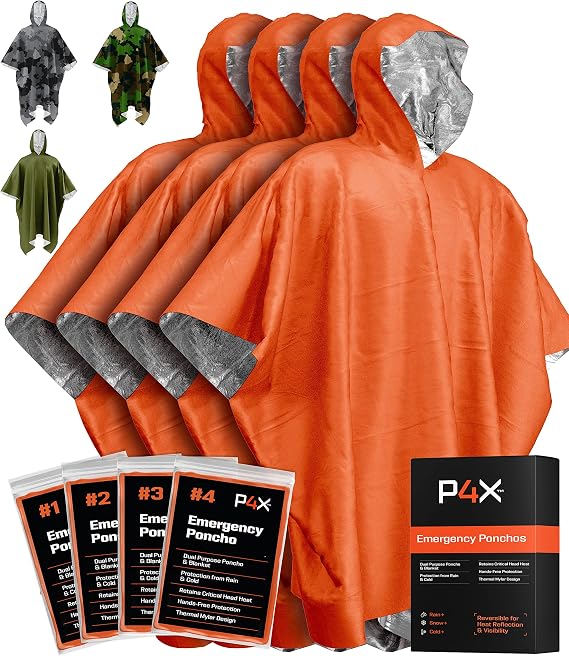 PREPARED4X Emergency Mylar Poncho Survival Rain Poncho with Hood Lightweight, Compact, Reusable Emergency Blanket Poncho for Hiking, Camping, Thermal Gear, Car Kit, Outdoors