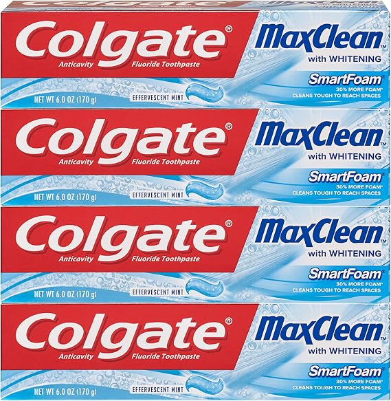 Colgate Max Clean Whitening Foaming Toothpaste with Fluoride, Effervescent Mint, 6 Ounce, 4 Pack
