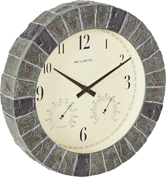 AcuRite 02418 14-Inch Faux-Slate Indoor/Outdoor Wall Clock with Thermometer, Hygrometer