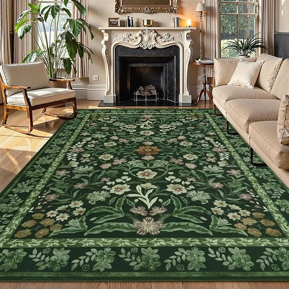 Washable Rugs Living Room 120x170cm Green Rug Non-slip Area Rug for Bedroom Low Pile Vintage Floral Floor Carpet for Bedroom Dining Room Nursery Office