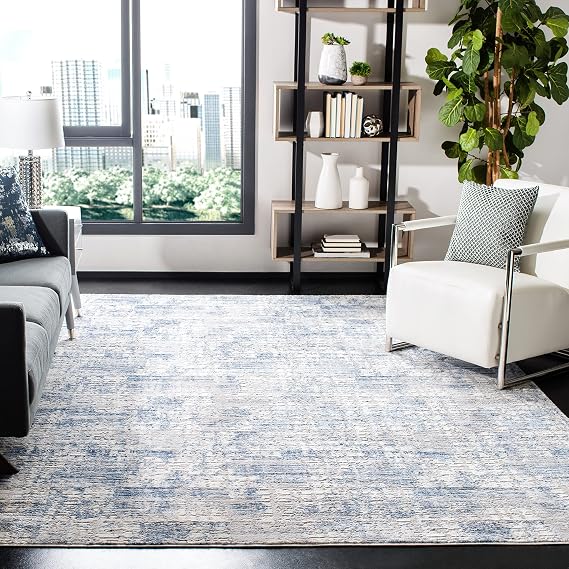 SAFAVIEH Amelia Collection Area Rug - 10' x 14', Blue & Grey, Modern Abstract Distressed Design, Non-Shedding & Easy Care, Ideal for High Traffic Areas in Living Room, Bedroom (ALA786M)