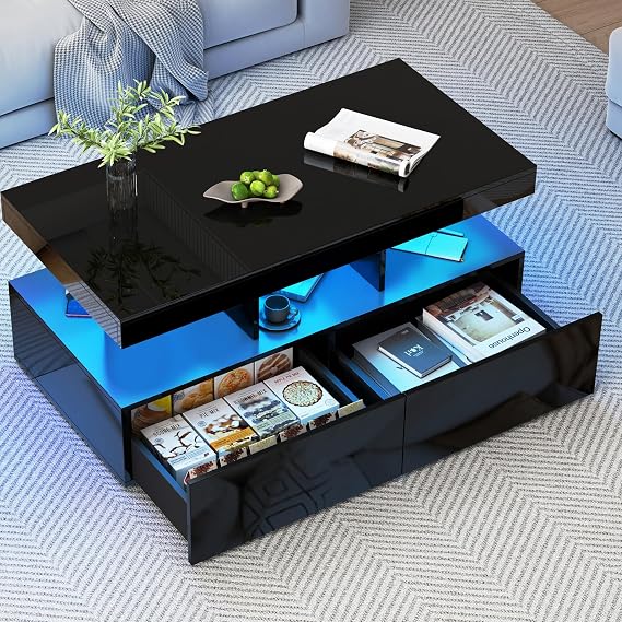 BRILVERDE High Gloss Coffee Table Living Room Table with 16-Colour LED and 2 Drawers Modern Sofa Table with Storage Space Side Table with 5 Shelves (Black 104 x 53 x 46 cm)
