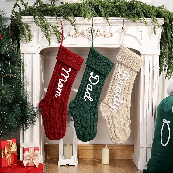 WANSHUNLMI 2025 Personalized Cable Knit Christmas Stockings, 16 x 8 inches, Red Green White, Custom Name Pet Dog Bone Shaped Stocking