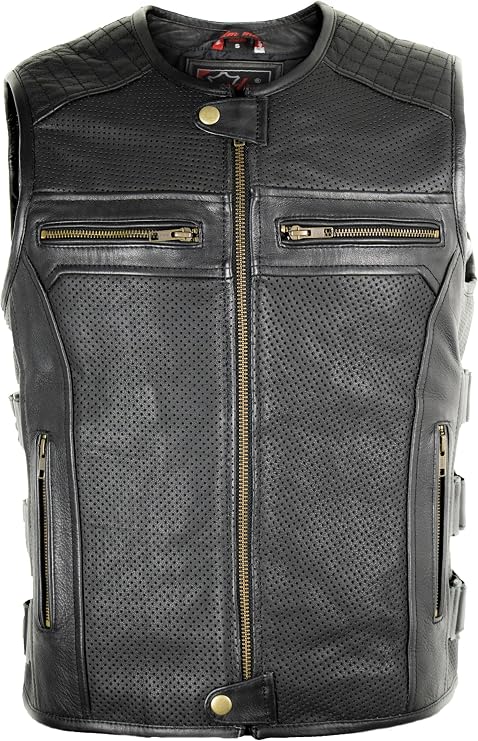 Men's motorcycle leather vest wind permeable adjustable at the sides