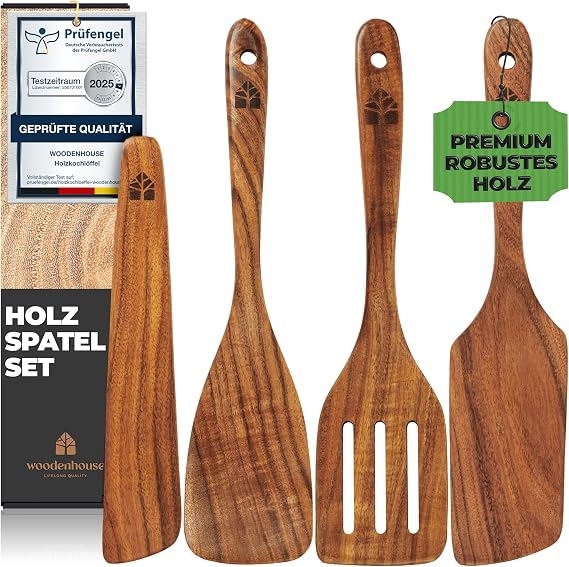 Wooden Spatula Set of 4 Teak Wood Spatula and Wooden Spatula Handmade scratch free on non-stick stainless steel and cast iron; BPA free durable and easy to clean