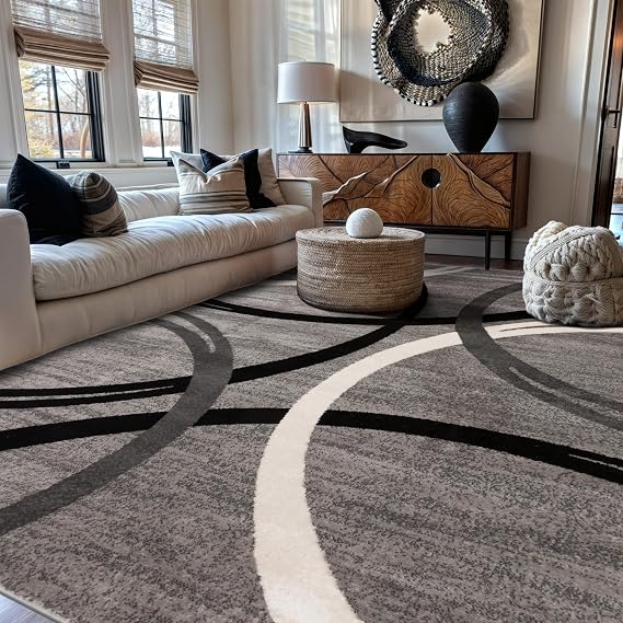 Rugshop Wavy Circles Fade-Resistant Living Room Area Rug Gray 6'6" x 9'