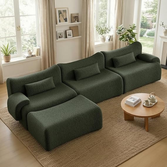 126" Cloud Couch Sectional, L Shaped Boneless Couches for Living Room - Oversized Modular Sofa with Deep Seats, Modern Couches with Movable Ottoman,Green