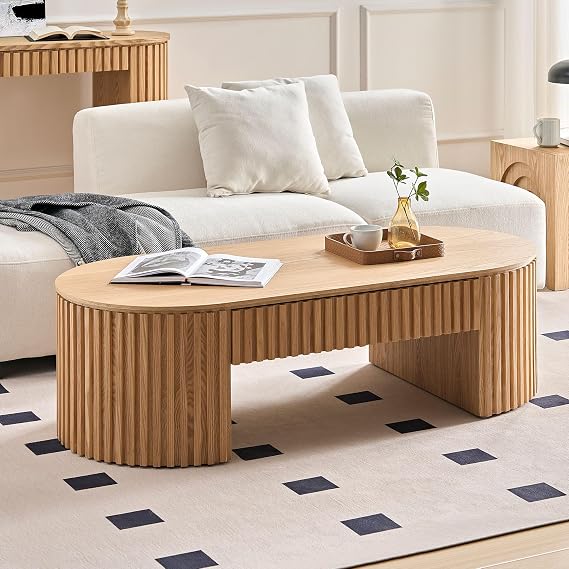 Oval Coffee Table, 51.18" Wood Coffee Table with Drawer, Fluted Design, for Living Room, Small Spaces, No Assembly Required (Oak)