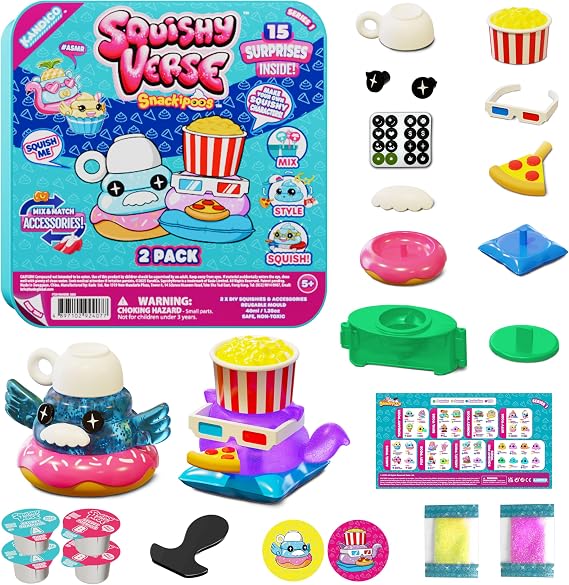 Snackipoos 2個パック – 子供用DIYスクイッシー作成キット コレクターズスクイッシー2個 サプライズ15個 再利用可能な型1個&アクセサリー8個