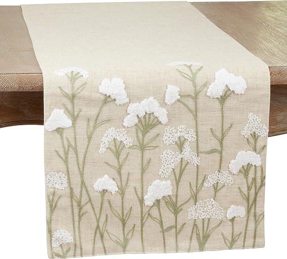 SARO LIFESTYLE Lush Design Embroidered Flowers Table Runner, 16"x70", Natural